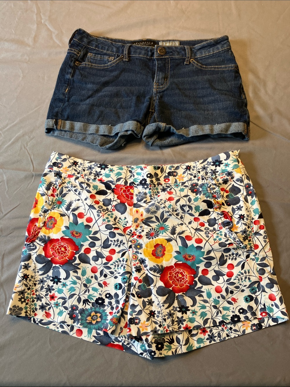 Floral Print Cotton Blend Women’s Shorts - White Multi and Blue Jean Shorts